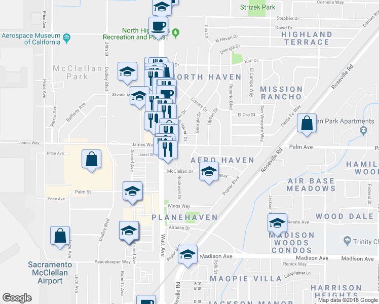 map of restaurants, bars, coffee shops, grocery stores, and more near 3651 A Street in North Highlands