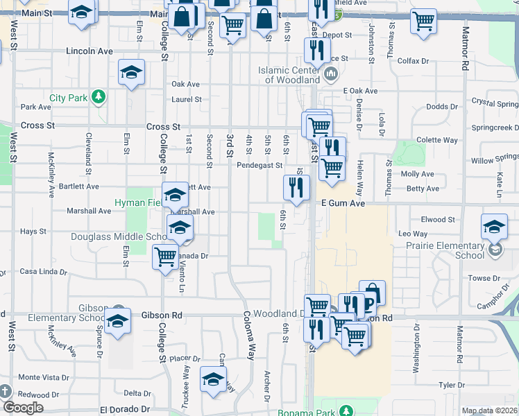map of restaurants, bars, coffee shops, grocery stores, and more near 925 Gum Avenue in Woodland