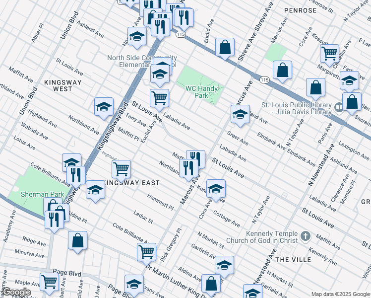 map of restaurants, bars, coffee shops, grocery stores, and more near 4770 Saint Louis Avenue in St. Louis