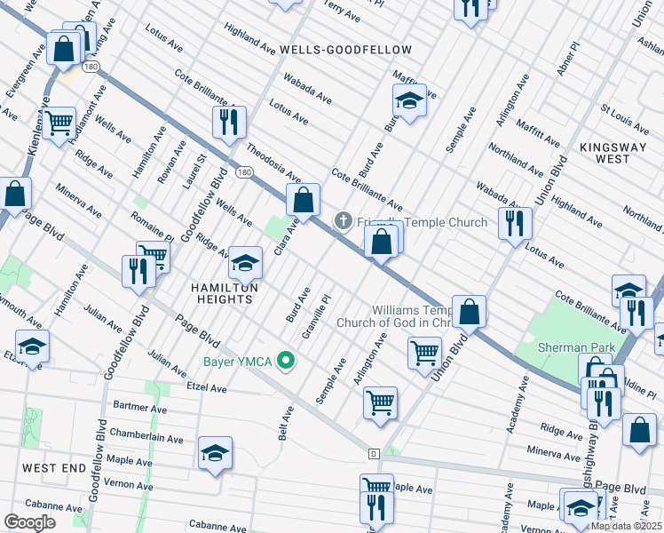 map of restaurants, bars, coffee shops, grocery stores, and more near 1469 Burd Avenue in St. Louis