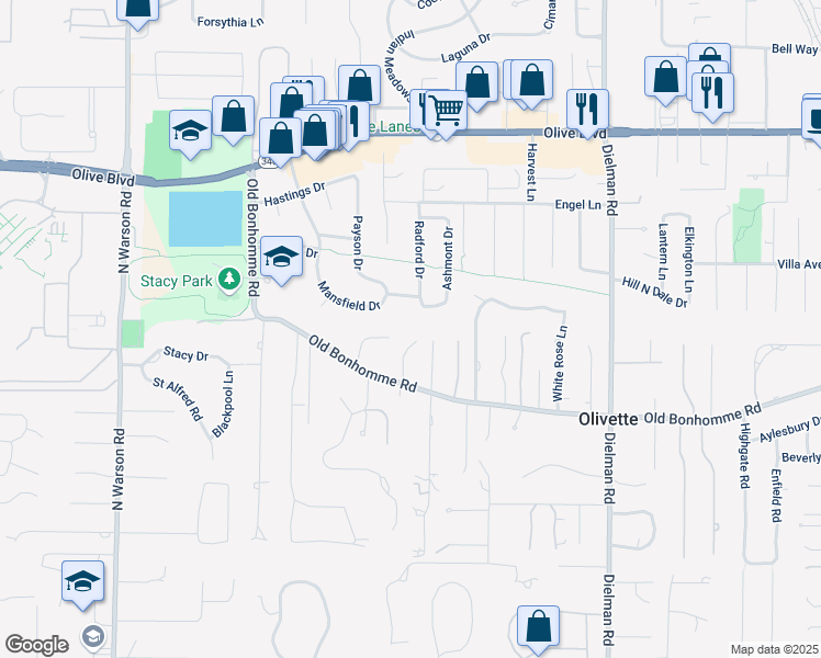 map of restaurants, bars, coffee shops, grocery stores, and more near 9638 Mansfield Drive in Olivette