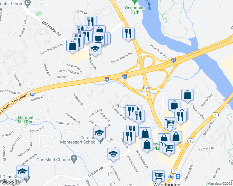 map of restaurants, bars, coffee shops, grocery stores, and more near 1314 Mead Terrace in Woodbridge