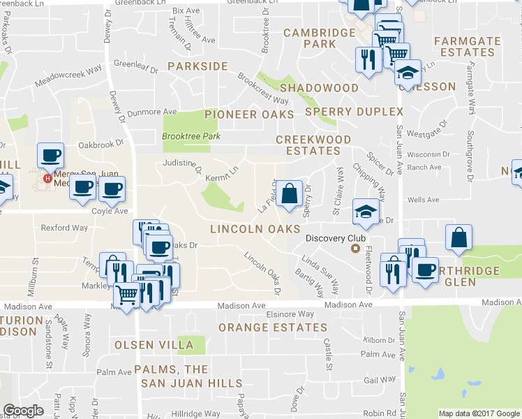 map of restaurants, bars, coffee shops, grocery stores, and more near 5812 La Field Drive in Fair Oaks