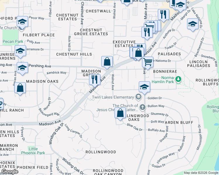 map of restaurants, bars, coffee shops, grocery stores, and more near 5601 Walnut Avenue in Orangevale