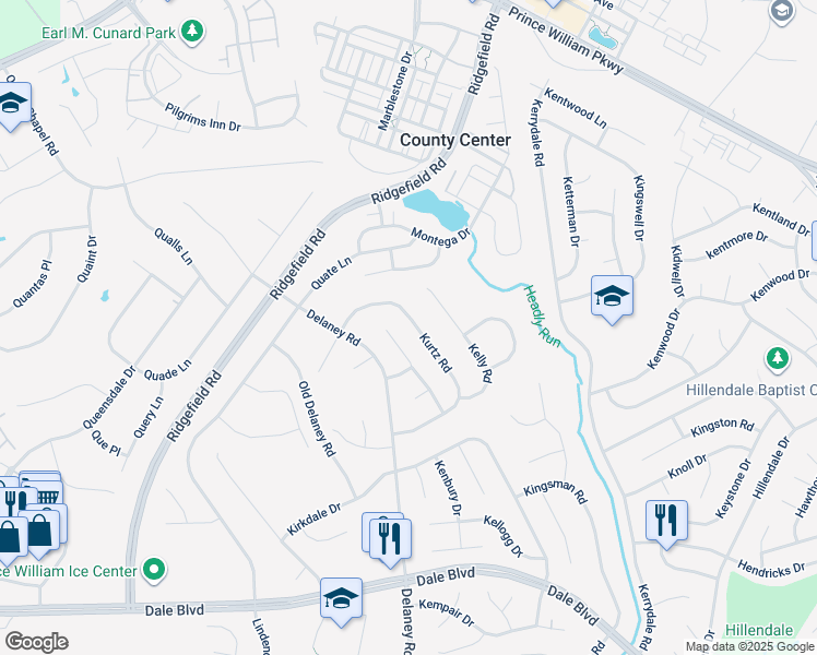 map of restaurants, bars, coffee shops, grocery stores, and more near 13226 Kurtz Road in Woodbridge