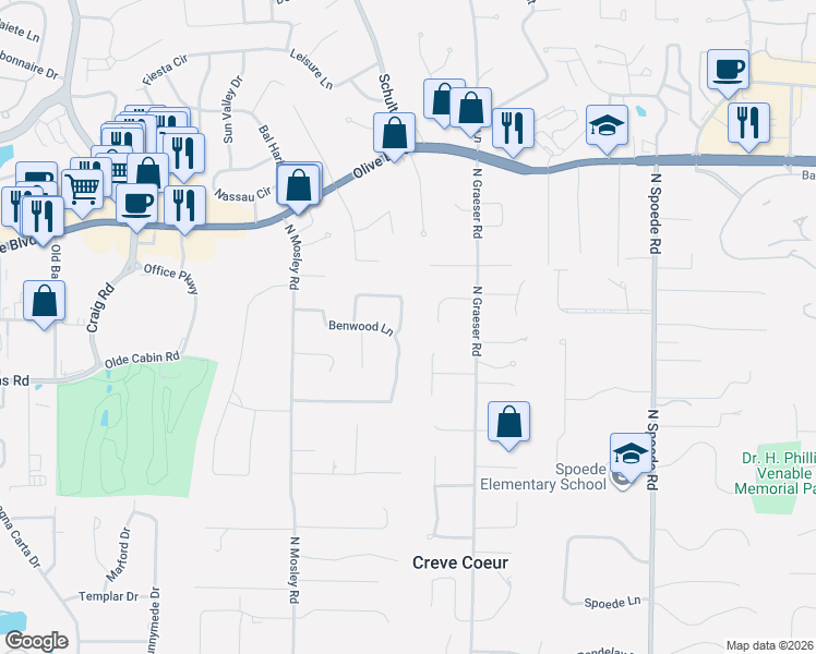 map of restaurants, bars, coffee shops, grocery stores, and more near 46 Morwood Lane in Creve Coeur
