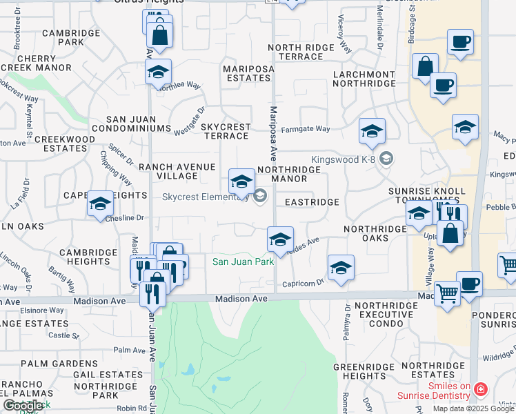 map of restaurants, bars, coffee shops, grocery stores, and more near 5641 Mariposa Avenue in Citrus Heights