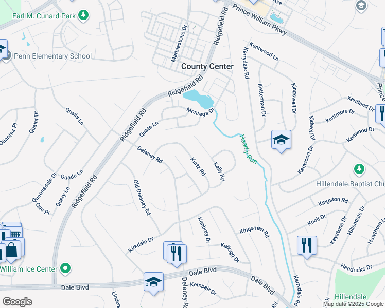 map of restaurants, bars, coffee shops, grocery stores, and more near 13231 Kurtz Road in Woodbridge