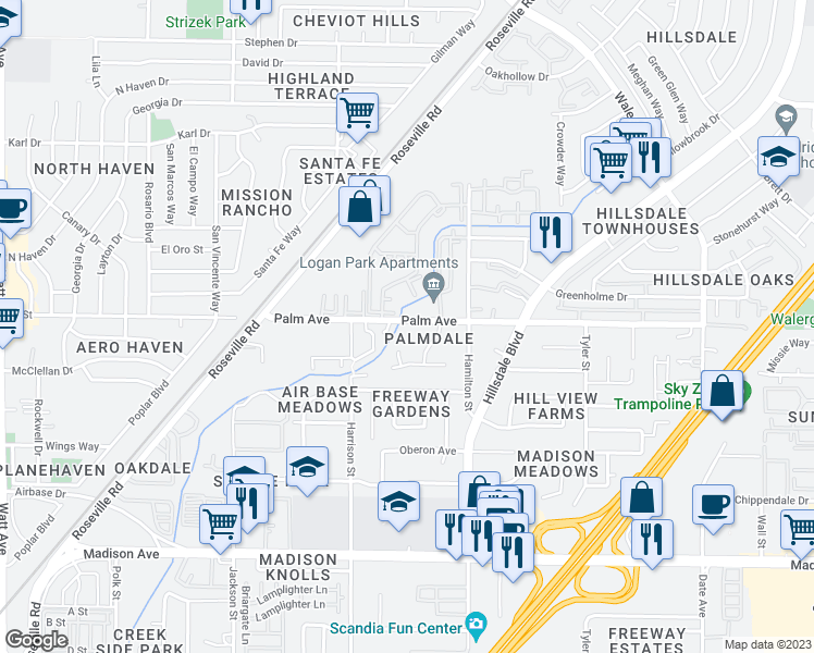 map of restaurants, bars, coffee shops, grocery stores, and more near 4150 Palm Avenue in Sacramento