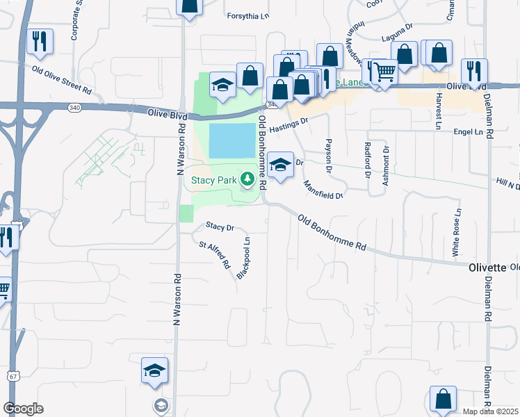 map of restaurants, bars, coffee shops, grocery stores, and more near 9700 Bonhomme Estates Drive in Olivette