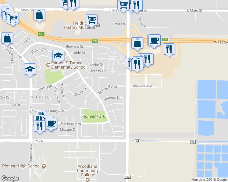 map of restaurants, bars, coffee shops, grocery stores, and more near 905 Burns Way in Woodland