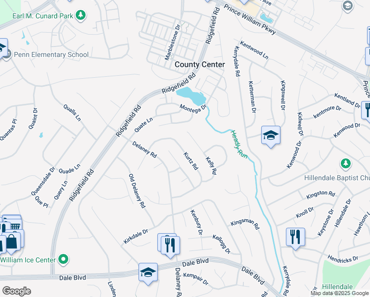map of restaurants, bars, coffee shops, grocery stores, and more near 13231 Kurtz Road in Woodbridge
