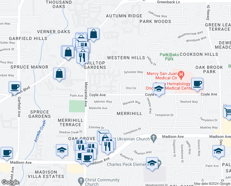 map of restaurants, bars, coffee shops, grocery stores, and more near 6214 Vía Casitas in Carmichael