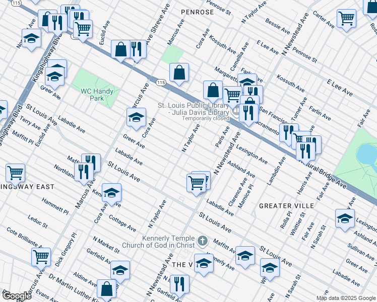 map of restaurants, bars, coffee shops, grocery stores, and more near 3209 North Taylor Avenue in St. Louis