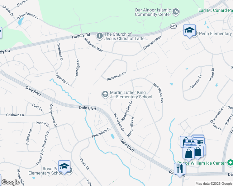map of restaurants, bars, coffee shops, grocery stores, and more near 13216 Nickleson Drive in Woodbridge