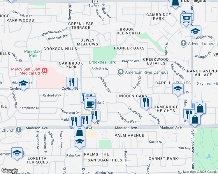 map of restaurants, bars, coffee shops, grocery stores, and more near 6761 Linda Sue Way in Fair Oaks