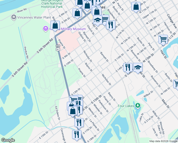 map of restaurants, bars, coffee shops, grocery stores, and more near 1250 Bayou Street in Vincennes