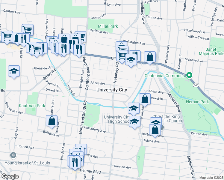 map of restaurants, bars, coffee shops, grocery stores, and more near 1083 North Hanley Road in University City