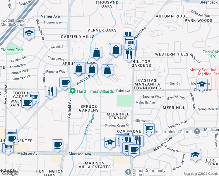 map of restaurants, bars, coffee shops, grocery stores, and more near 5717 Palm Avenue in Sacramento