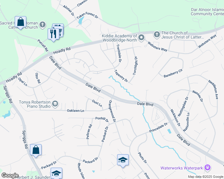 map of restaurants, bars, coffee shops, grocery stores, and more near 6113 Trident Lane in Woodbridge