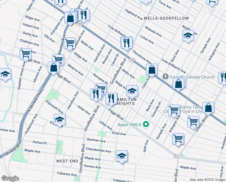 map of restaurants, bars, coffee shops, grocery stores, and more near 1362 Goodfellow Boulevard in St. Louis