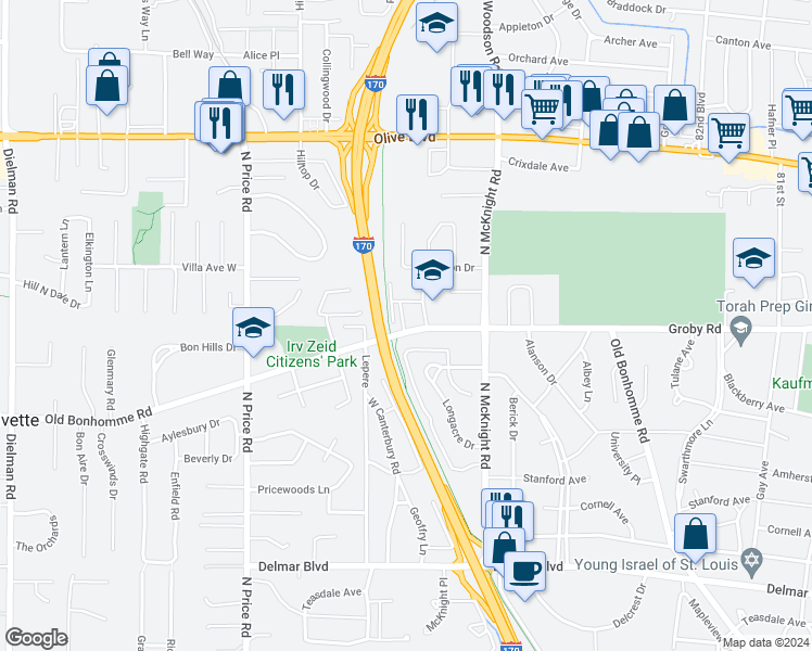 map of restaurants, bars, coffee shops, grocery stores, and more near 8677 Old Bonhomme Road in St. Louis