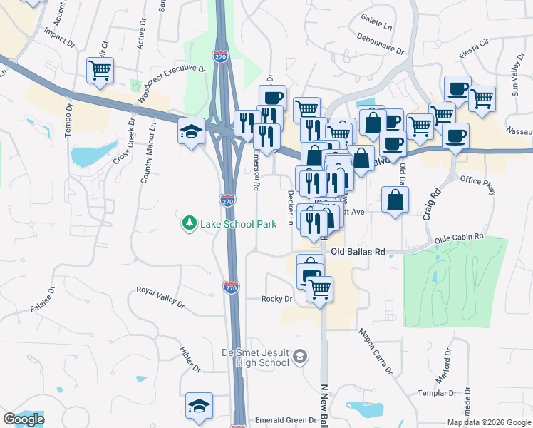 map of restaurants, bars, coffee shops, grocery stores, and more near 630 Emerson Road in Creve Coeur
