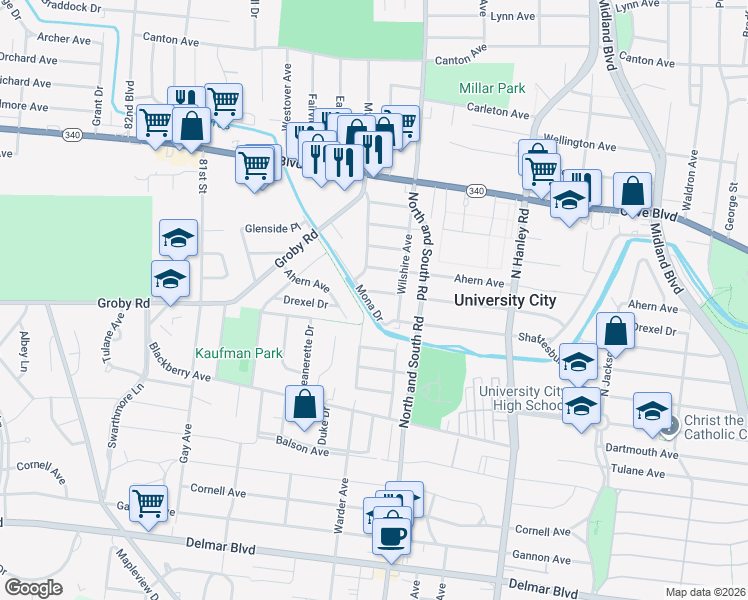 map of restaurants, bars, coffee shops, grocery stores, and more near 7725 Drexel Drive in University City