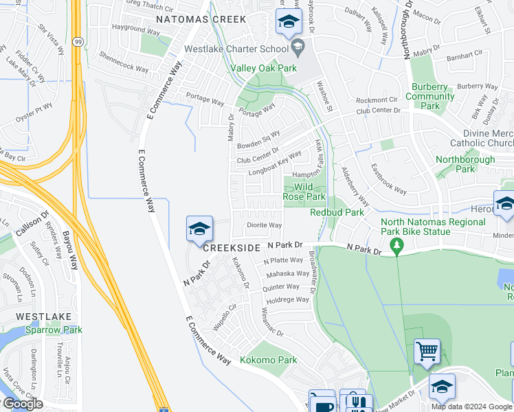 map of restaurants, bars, coffee shops, grocery stores, and more near 3 Anchor Bend Place in Sacramento
