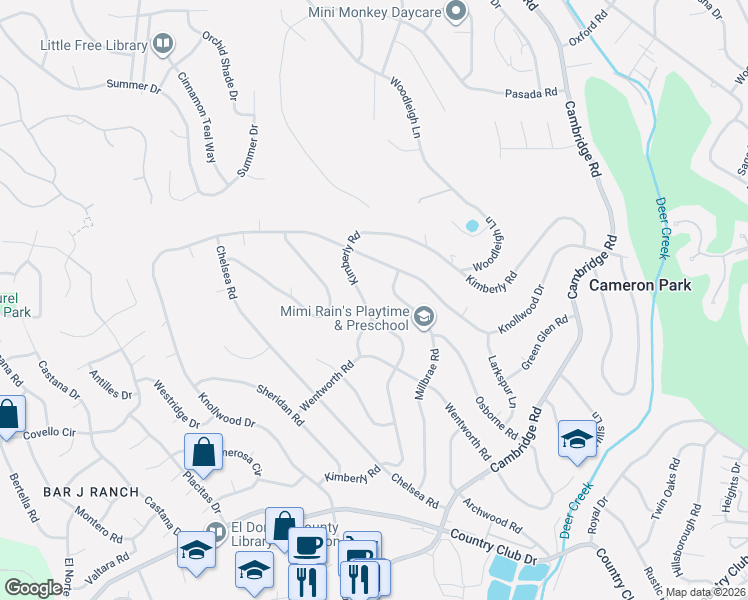 map of restaurants, bars, coffee shops, grocery stores, and more near 3573 Kimberly Road in Cameron Park