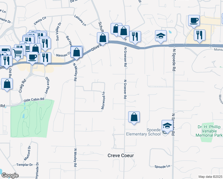 map of restaurants, bars, coffee shops, grocery stores, and more near 50 Morwood Lane in Creve Coeur