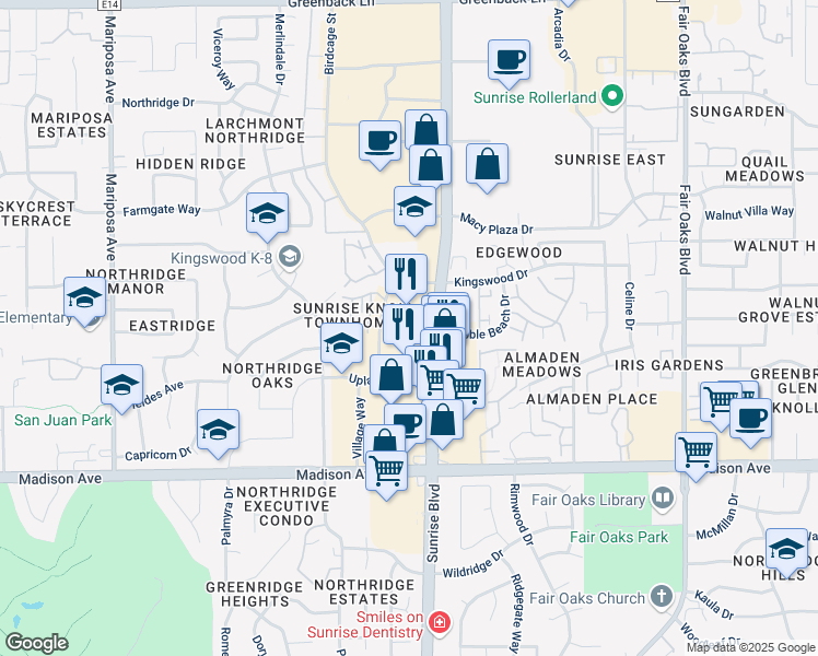 map of restaurants, bars, coffee shops, grocery stores, and more near 5623 Sunrise Boulevard in Citrus Heights