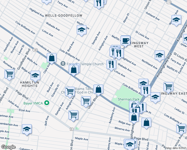 map of restaurants, bars, coffee shops, grocery stores, and more near 5360 Patton Avenue in St. Louis