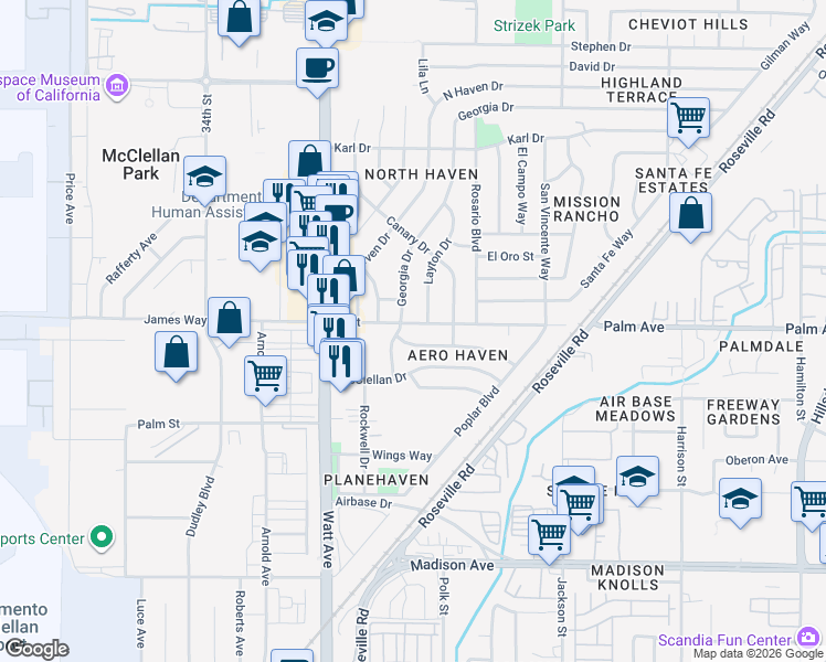 map of restaurants, bars, coffee shops, grocery stores, and more near 3651 A Street in North Highlands