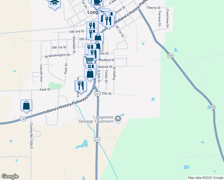map of restaurants, bars, coffee shops, grocery stores, and more near 211 Cedar Street in Loogootee