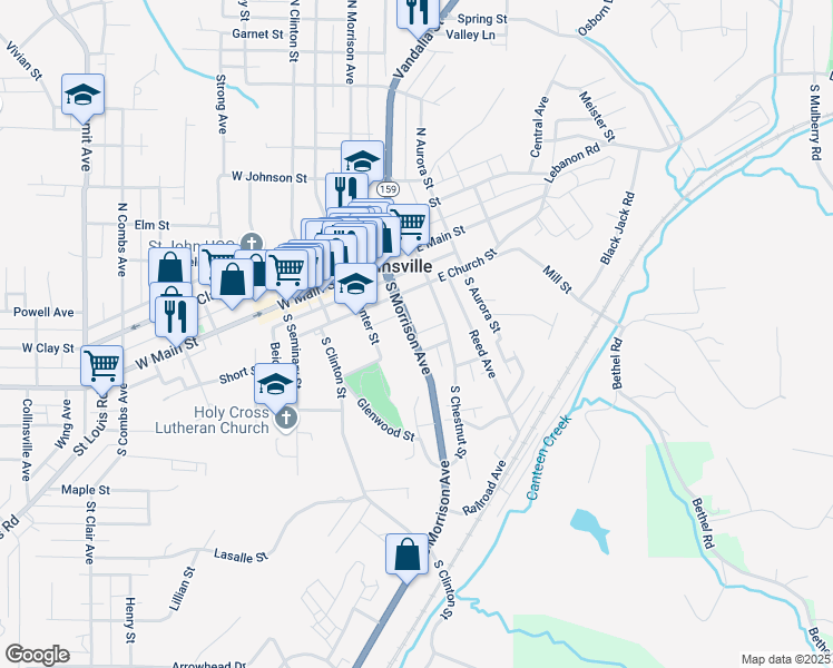 map of restaurants, bars, coffee shops, grocery stores, and more near 226 South Morrison Avenue in Collinsville