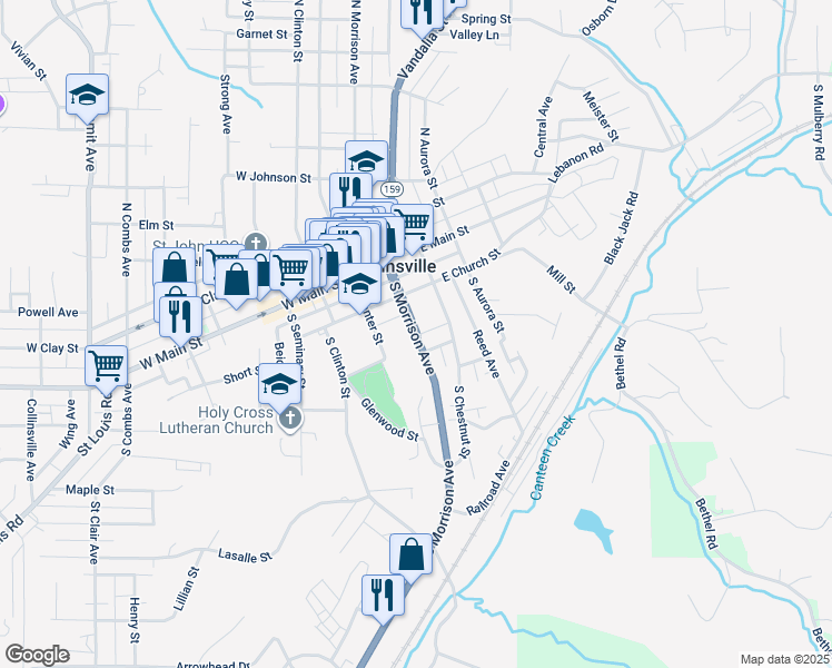 map of restaurants, bars, coffee shops, grocery stores, and more near 226 South Morrison Avenue in Collinsville
