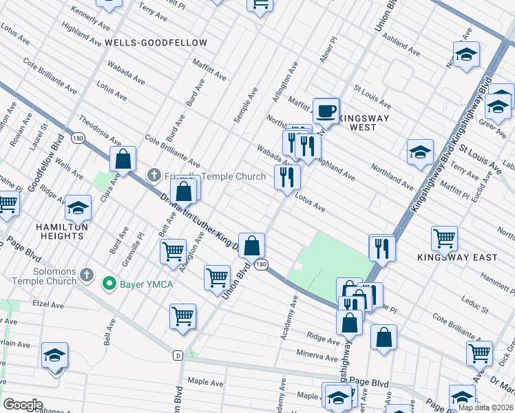 map of restaurants, bars, coffee shops, grocery stores, and more near 5326 Cote Brilliante Avenue in St. Louis