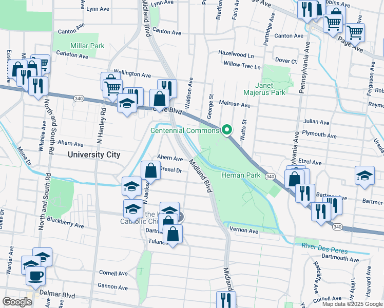 map of restaurants, bars, coffee shops, grocery stores, and more near 1101 Purdue Avenue in University City