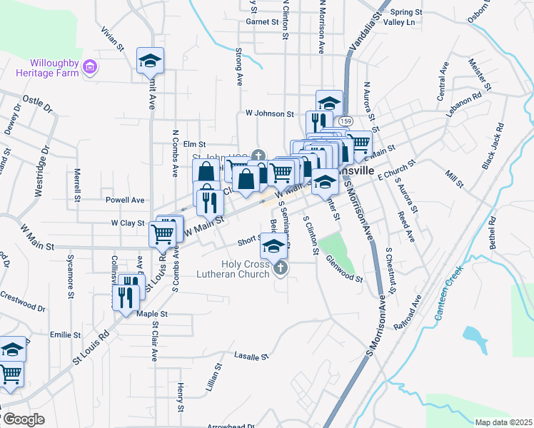 map of restaurants, bars, coffee shops, grocery stores, and more near 201 Beidler Street in Collinsville