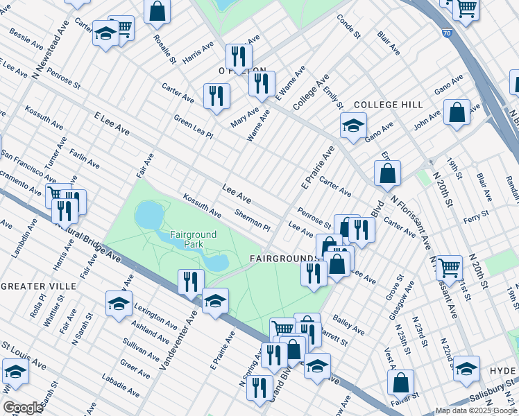 map of restaurants, bars, coffee shops, grocery stores, and more near 3842 West Lee Avenue in St. Louis