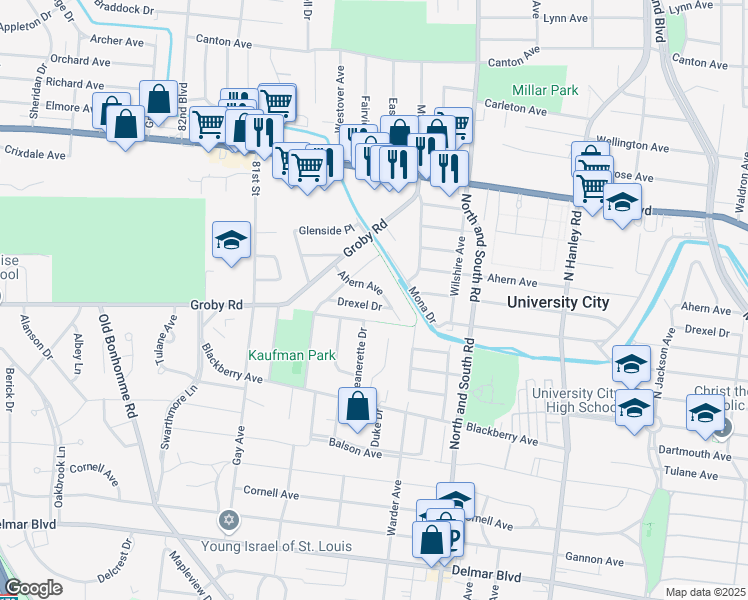 map of restaurants, bars, coffee shops, grocery stores, and more near 7809 Drexel Drive in St. Louis