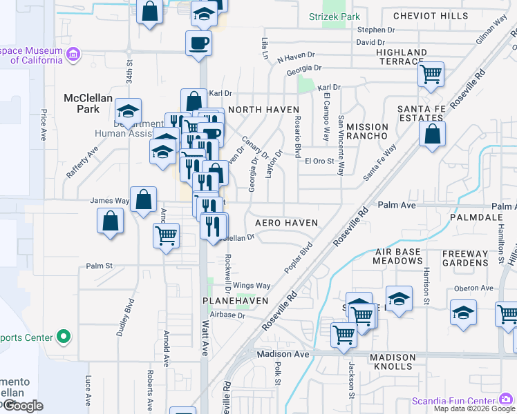 map of restaurants, bars, coffee shops, grocery stores, and more near 3651 A Street in North Highlands