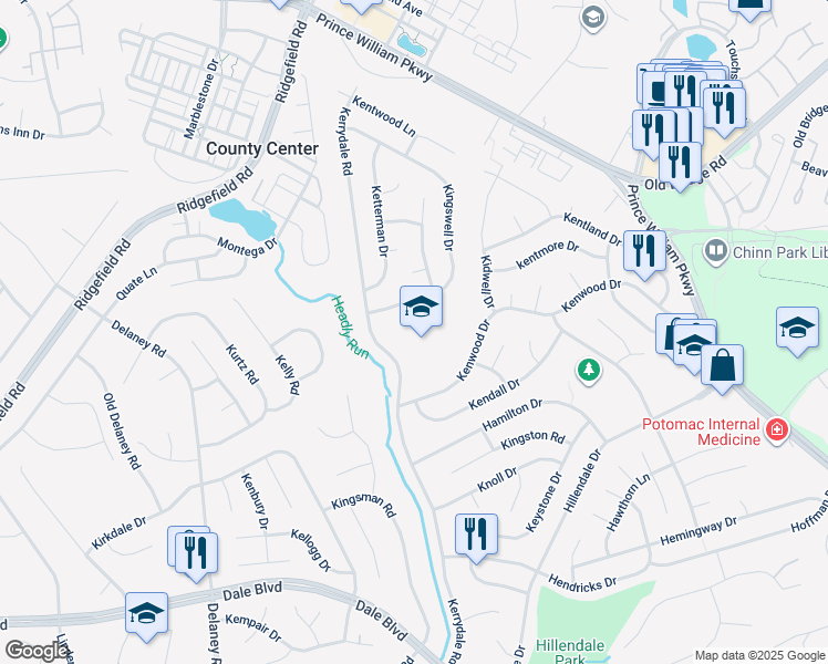 map of restaurants, bars, coffee shops, grocery stores, and more near 13199 Kerrydale Road in Woodbridge