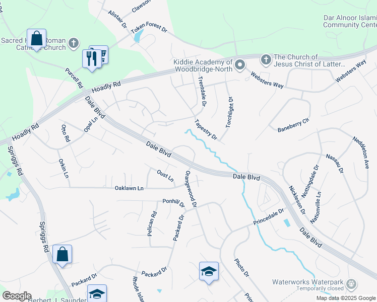 map of restaurants, bars, coffee shops, grocery stores, and more near 6125 Trident Lane in Woodbridge