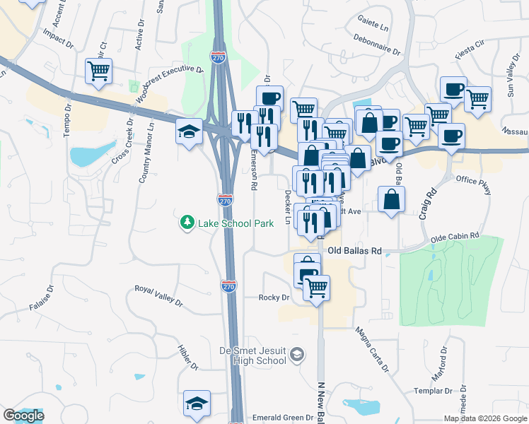 map of restaurants, bars, coffee shops, grocery stores, and more near 630 Emerson Road in Creve Coeur
