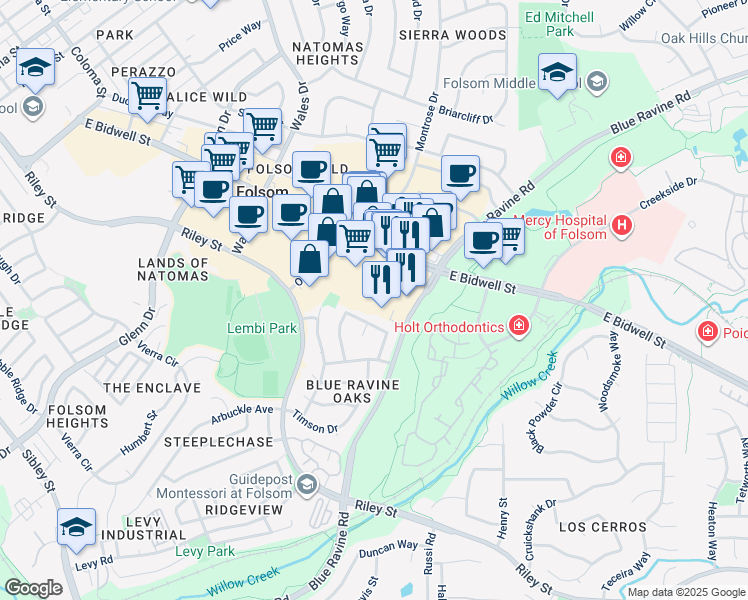 map of restaurants, bars, coffee shops, grocery stores, and more near 1005 East Bidwell Street in Folsom