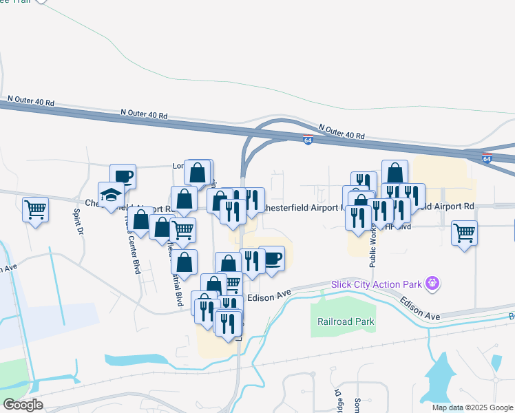 map of restaurants, bars, coffee shops, grocery stores, and more near Chesterfield Airport Road in Chesterfield
