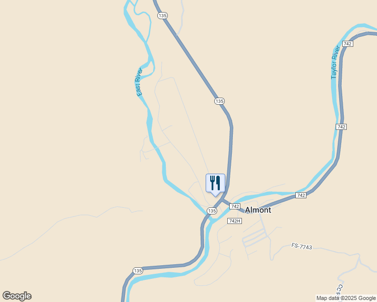 map of restaurants, bars, coffee shops, grocery stores, and more near 282 East River Lane in Almont