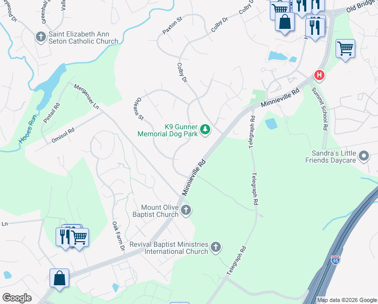 map of restaurants, bars, coffee shops, grocery stores, and more near 13233 Sturbridge Road in Woodbridge